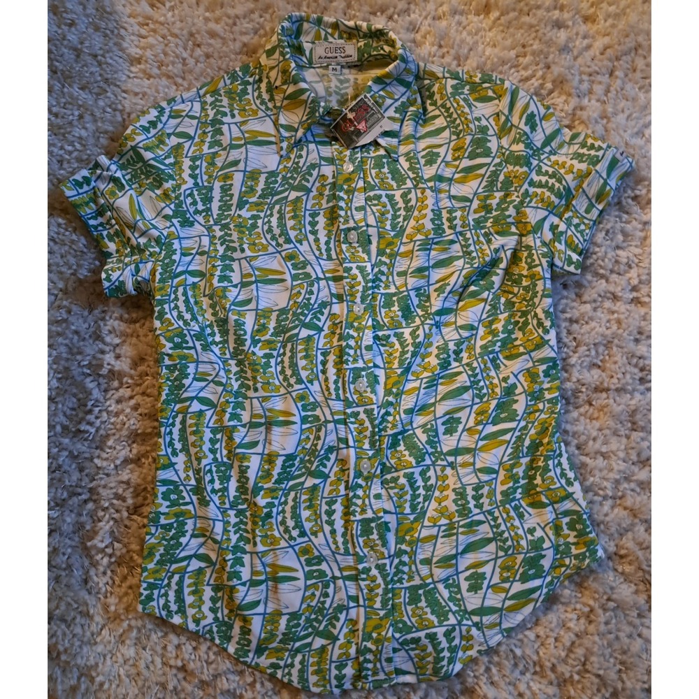 VTG GUESS AMERICAN TRADITION WOMENS SZ‎ M COLLARED BUTTON FRONT FLORAL SHIRT